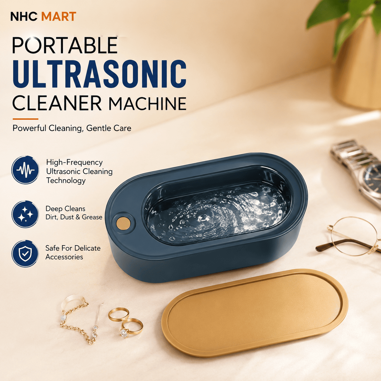 NHC MART portable ultrasonic cleaner machine in a dark teal-blue oval shape with a gold-toned lid, shown on a beige tabletop with decorative accessories and promotional text.