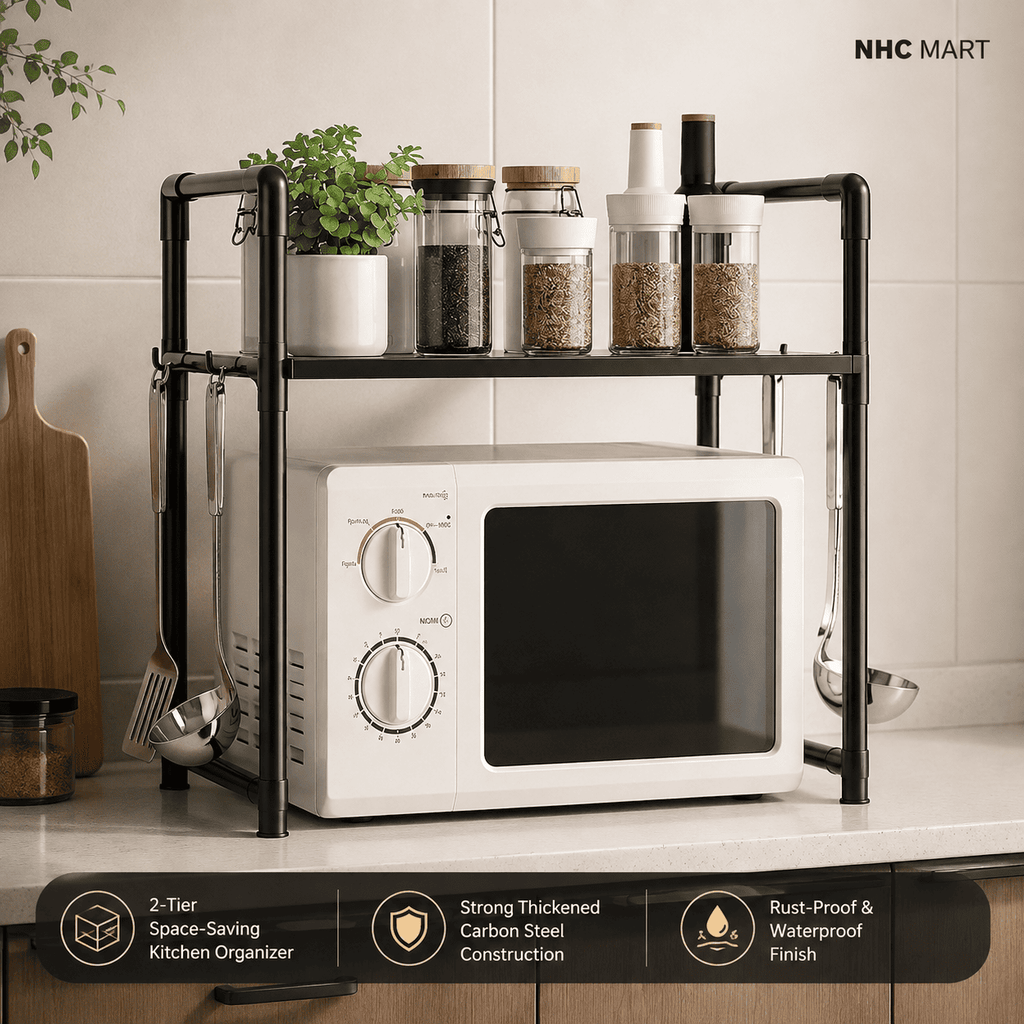 A 2-tier black metal kitchen organizer shelf holding a white microwave, spice jars, and a small potted plant, shown in a kitchen setting with product feature badges along the bottom.