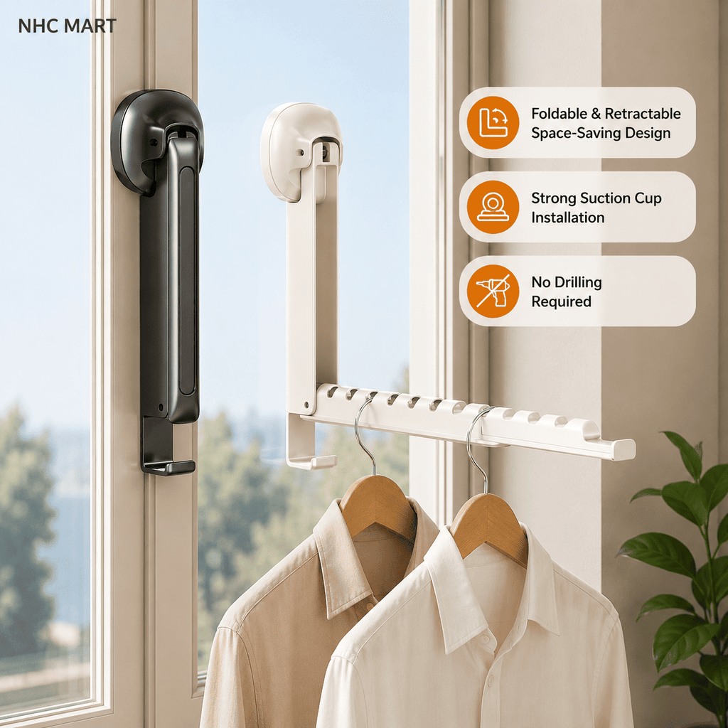 A wall-mounted retractable clothesline with suction cups shown attached to a window. The white lineal unit hangs from the window frame, with two wooden hangers holding light-colored shirts below.