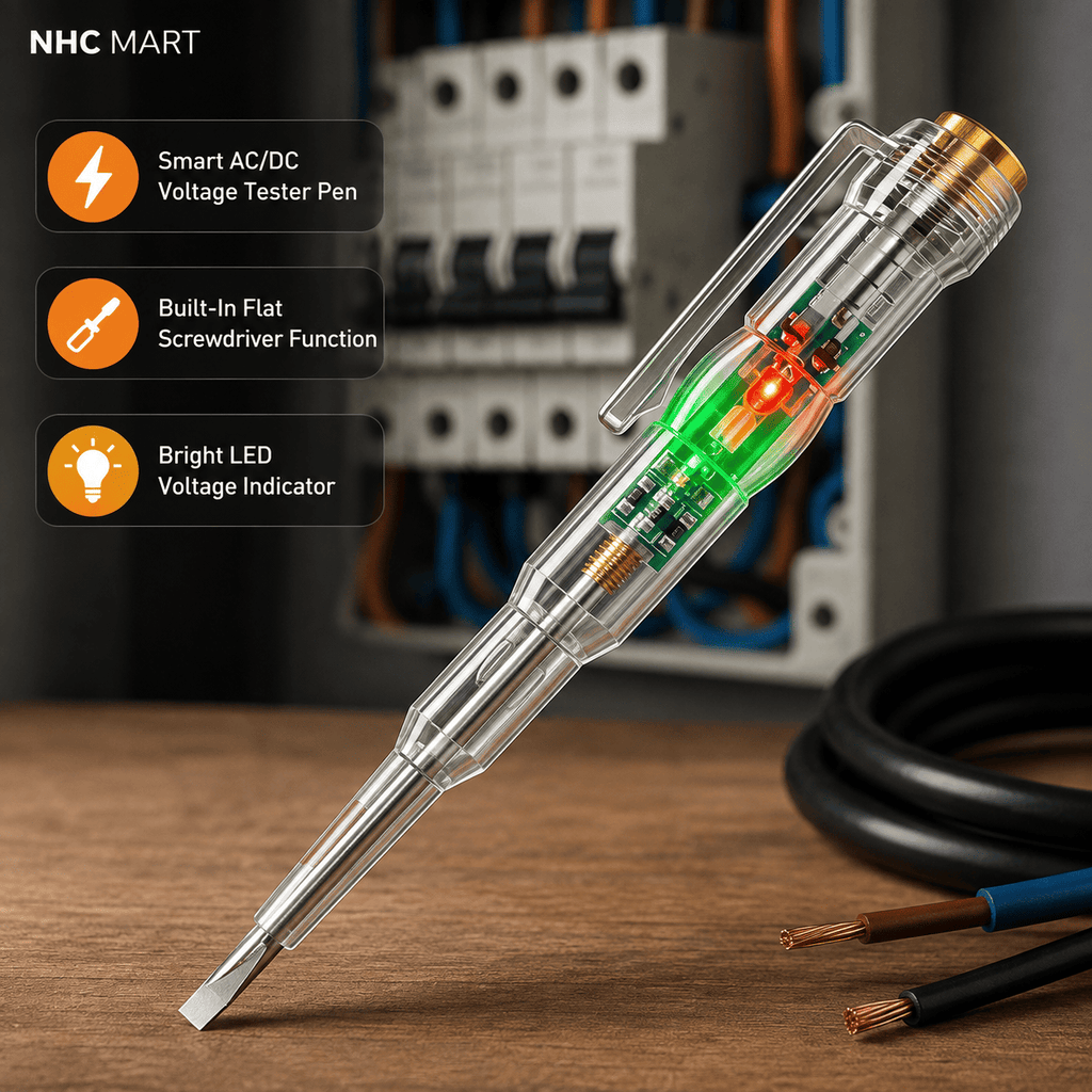 A clear transparent electric multimeter voltage tester pen with a metal tip, shown on a wooden surface with coiled cables and an electrical panel in the background. The pen has built-in LED voltage indicators in red and green, a screwdriver function, and a metal clip.