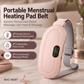 A portable menstrual heating pad belt in a soft blush pink and light gray color, shown on a marble tabletop with promotional text and icons highlighting its electric heating, massage, and portability features.