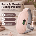 A portable menstrual heating pad belt in a soft blush pink and light gray color, shown on a marble tabletop with promotional text and icons highlighting its electric heating, massage, and portability features.
