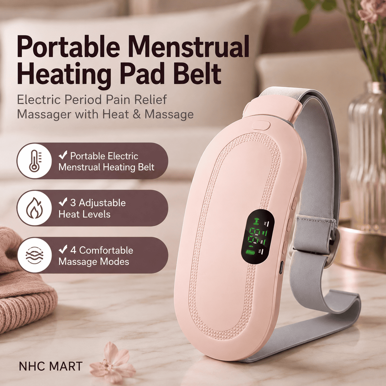 A portable menstrual heating pad belt in a soft blush pink and light gray color, shown on a marble tabletop with promotional text and icons highlighting its electric heating, massage, and portability features.