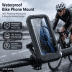 Waterproof bike phone mount holding a smartphone on a bicycle handlebar in the rain, with a cyclist blurred in the background. Text on the left lists features: waterproof protective phone case, 360° rotating viewing angle, and sensitive touch screen window.