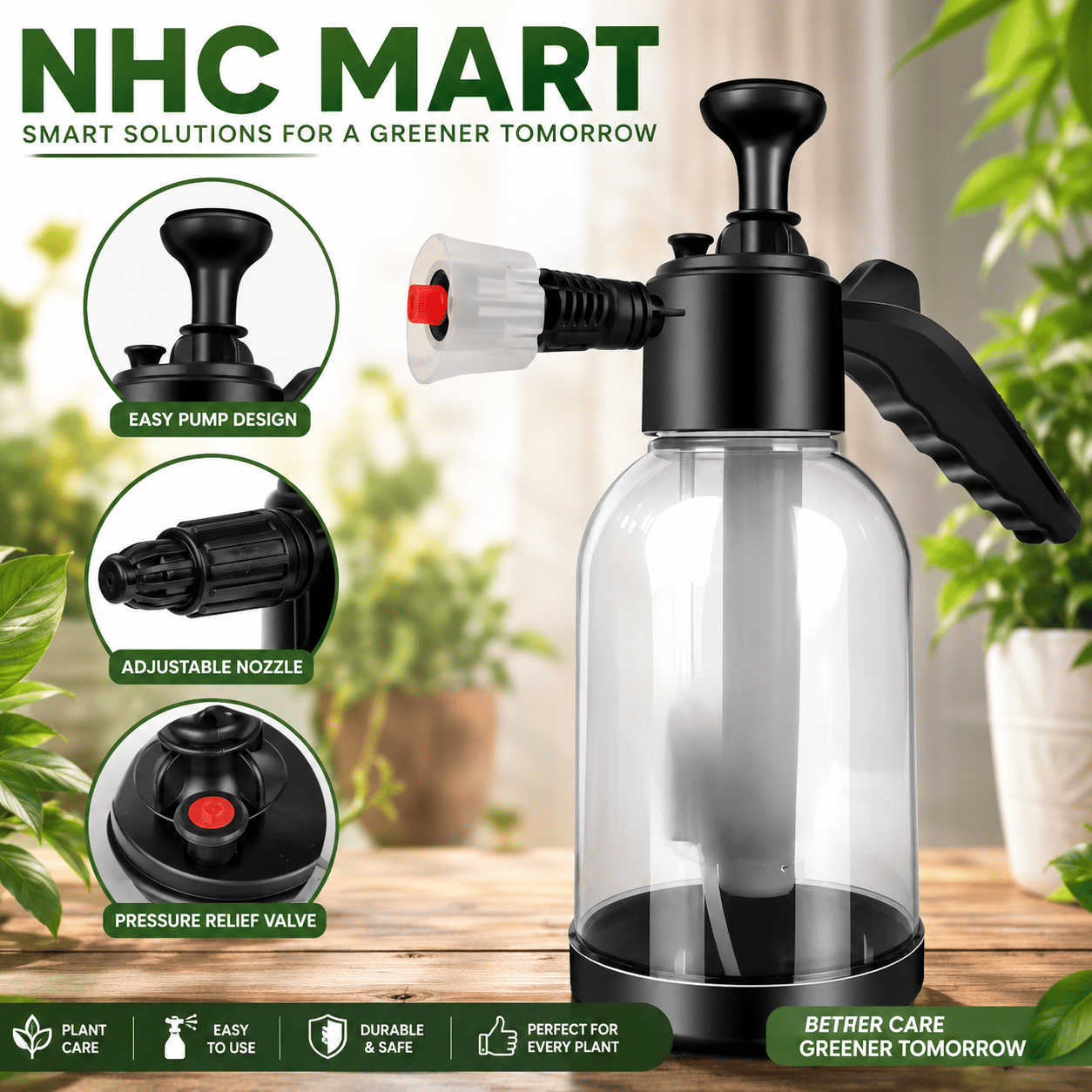 A black and clear automatic plant sprayer shown on a wooden surface with green plants in the background. The image includes feature callout circles labeled 'Easy Pump Design,' 'Adjustable Nozzle,' and 'Pressure Relief Valve,' plus the text 'NHC MART' and 'Smart Solutions for a Greener Tomorrow.
