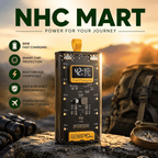 A portable 66W wireless power bank by NHC MART stands on a rocky outdoor surface at sunset, with a backpack, binoculars, and compass nearby. The product has a black body with yellow accents and a small display showing 42.