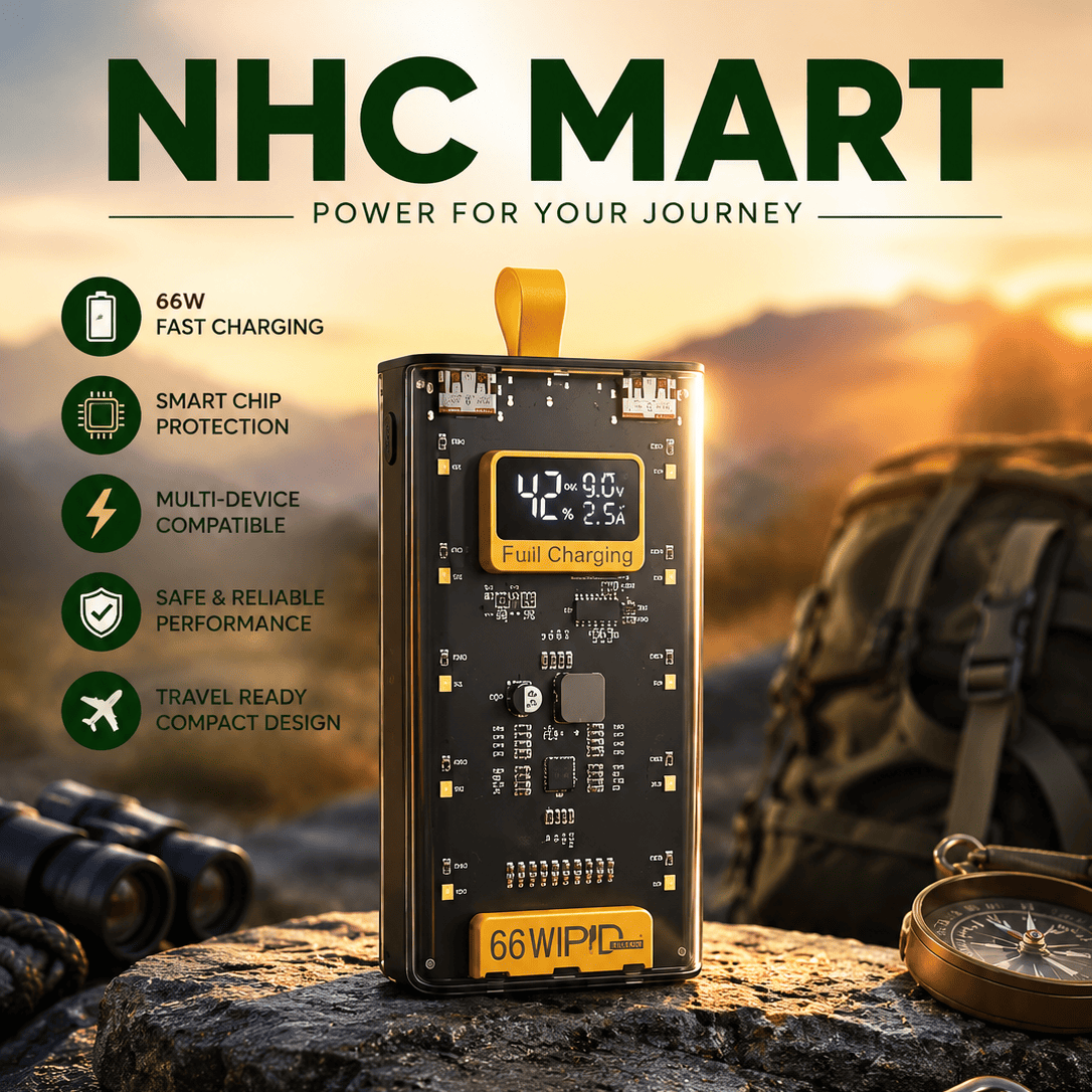 A portable 66W wireless power bank by NHC MART stands on a rocky outdoor surface at sunset, with a backpack, binoculars, and compass nearby. The product has a black body with yellow accents and a small display showing 42.