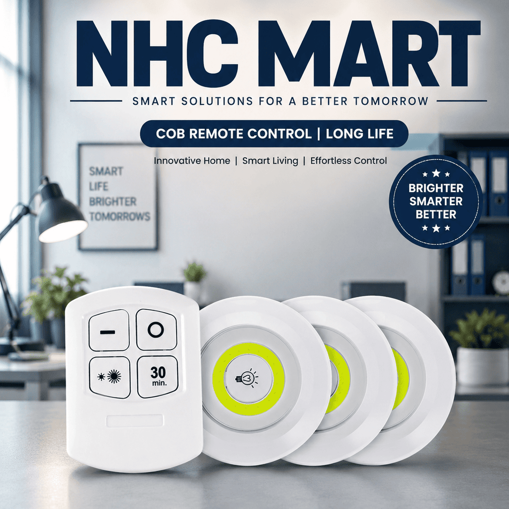 NHC Mart COB remote control smart home device set featuring a white rectangular remote and three round white smart bulbs with bright yellow-green centers, shown against a blurred modern office background with promotional text and badges.