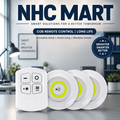 NHC Mart COB remote control smart home device set featuring a white rectangular remote and three round white smart bulbs with bright yellow-green centers, shown against a blurred modern office background with promotional text and badges.