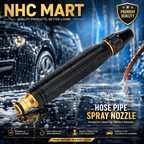 A black hose pipe spray nozzle with gold brass connectors, shown diagonally on a wet car wash background with promotional text overlays from NHC MART.