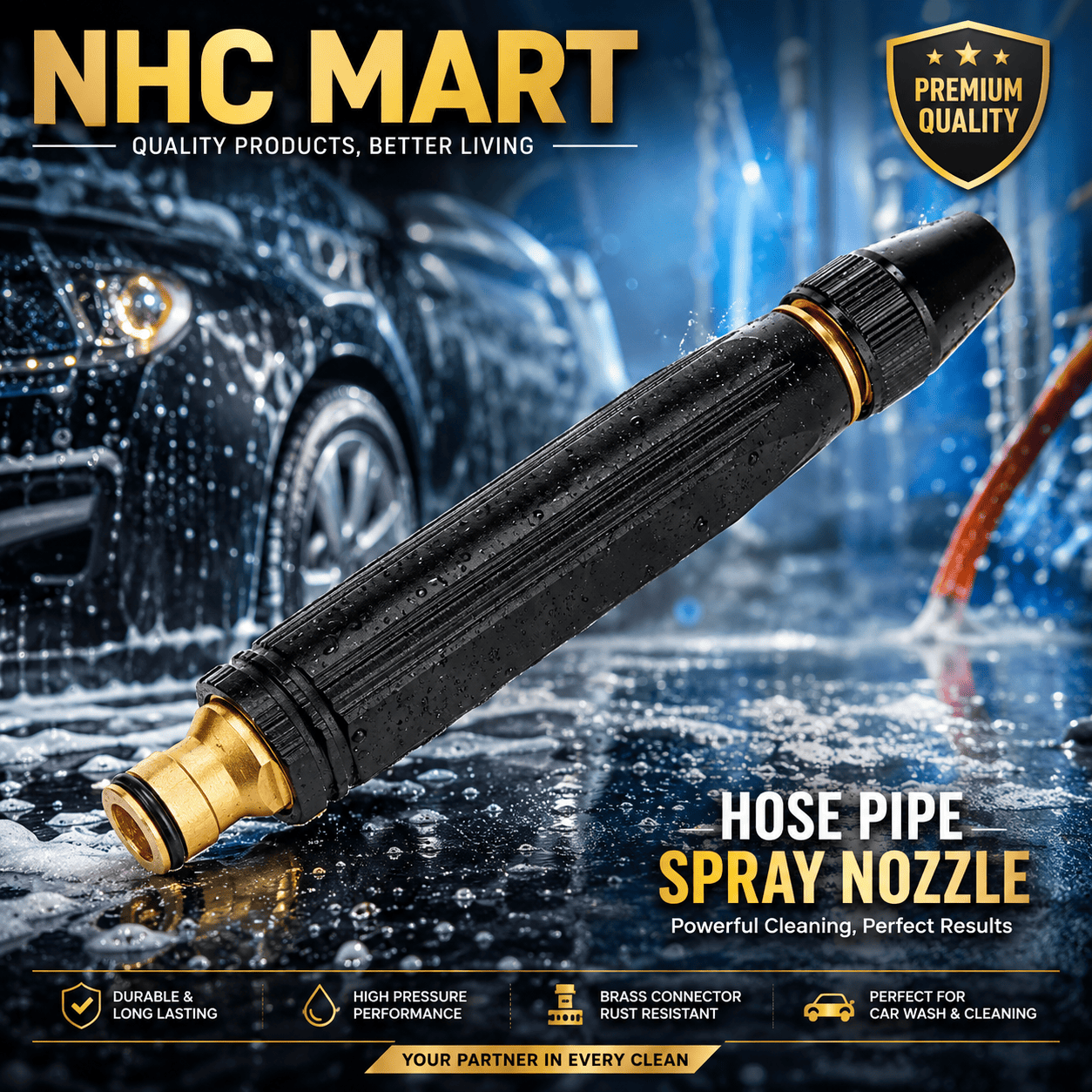 A black hose pipe spray nozzle with gold brass connectors, shown diagonally on a wet car wash background with promotional text overlays from NHC MART.