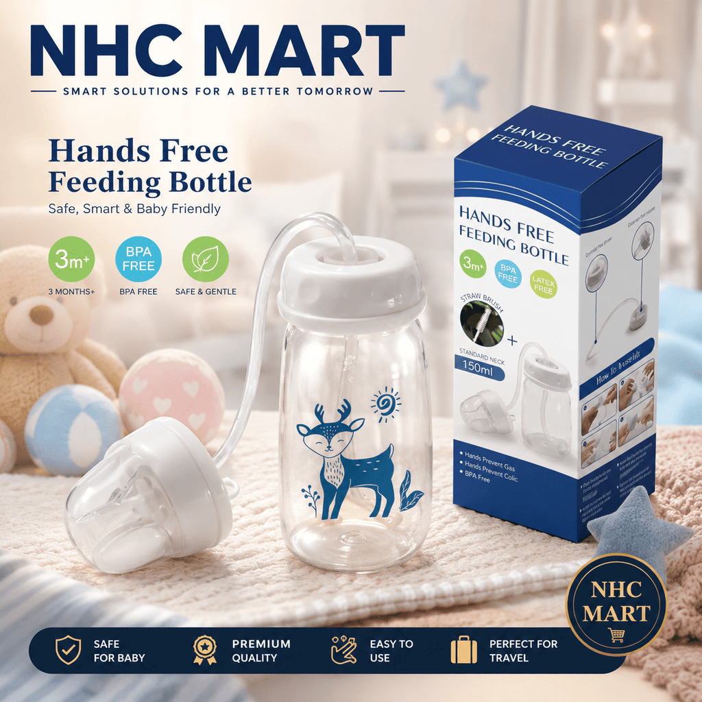 NHC Mart Hands Free Feeding Bottle set, featuring a 150ml clear baby bottle with a blue deer illustration, a white breast pump, and its blue retail packaging box, displayed on a cozy blanket with baby toys in the background.