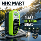 NHC Mart Oil Film 2.0 Glass Cleaning Brush shown on a car windshield with a cloth, alongside promotional text reading 'GLASS CLEANING BOARD' and NHC Mart branding.