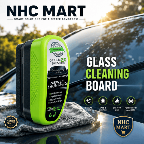 NHC Mart Oil Film 2.0 Glass Cleaning Brush shown on a car windshield with a cloth, alongside promotional text reading 'GLASS CLEANING BOARD' and NHC Mart branding.