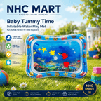 NHC Mart Baby Tummy Time inflatable water play mat shown outdoors on grass with a blue underwater-themed printed design inside a transparent square plastic tray. The image includes marketing text, icons, and a circular NHC Mart badge.