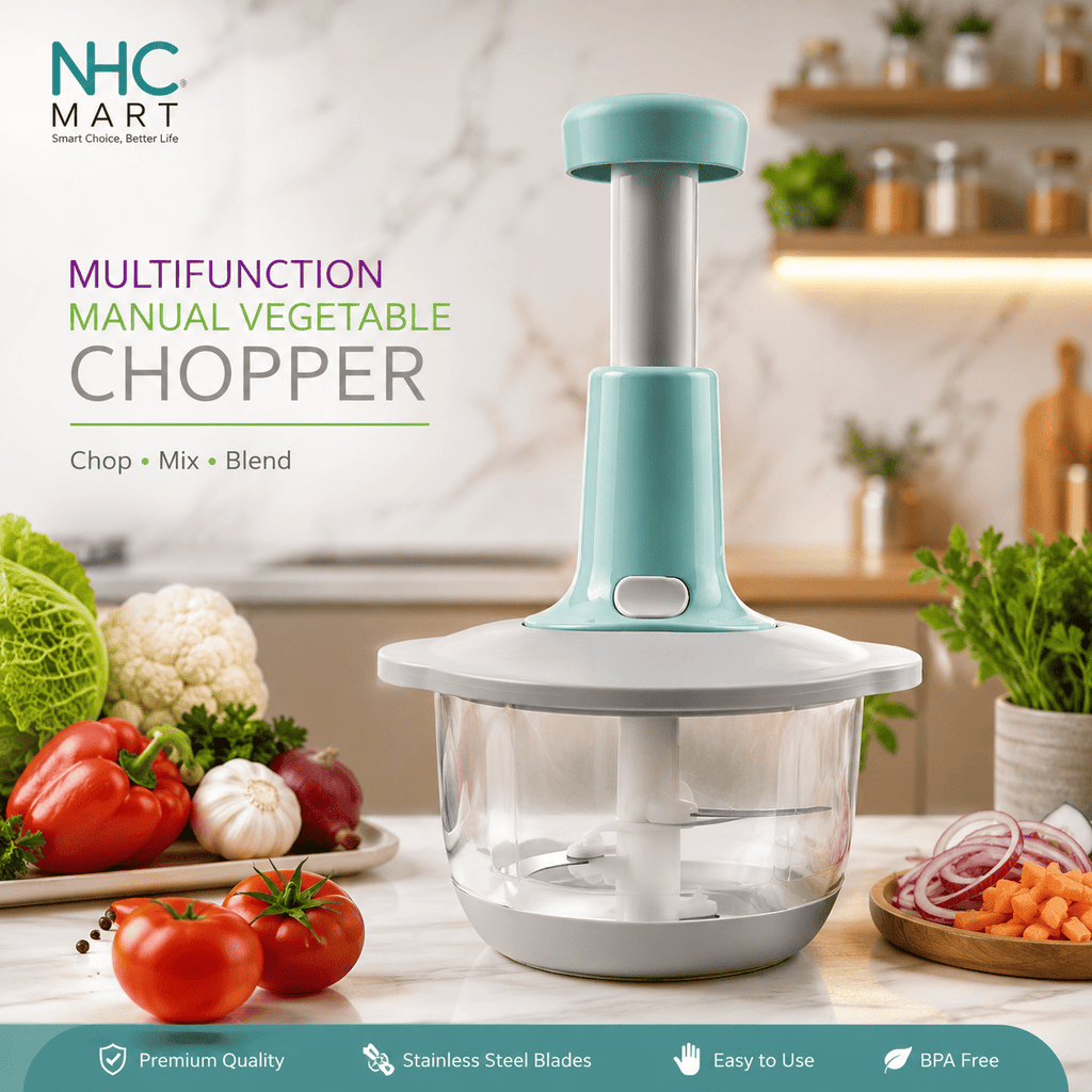NHC Mart multifunction manual vegetable chopper with a mint green and white design, shown in a bright kitchen setting with fresh vegetables around it.