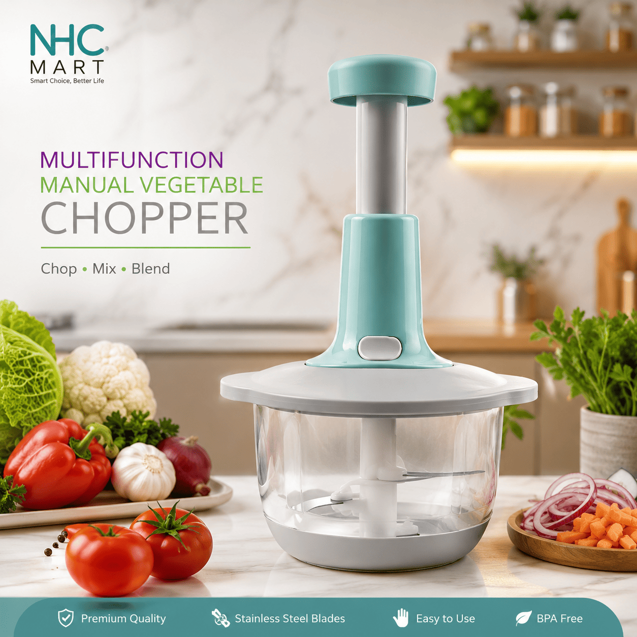 NHC Mart multifunction manual vegetable chopper with a mint green and white design, shown in a bright kitchen setting with fresh vegetables around it.