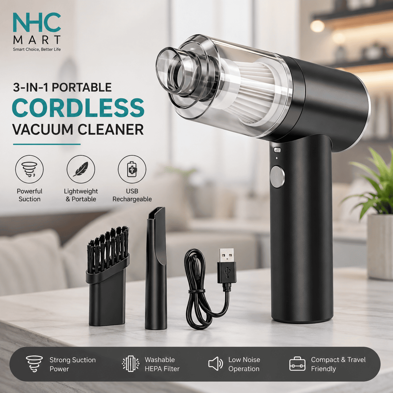 NHC Mart 3-in-1 portable cordless vacuum cleaner in matte black, shown with its attachments and USB charging cable on a light-colored tabletop. The background is a softly blurred living room interior.