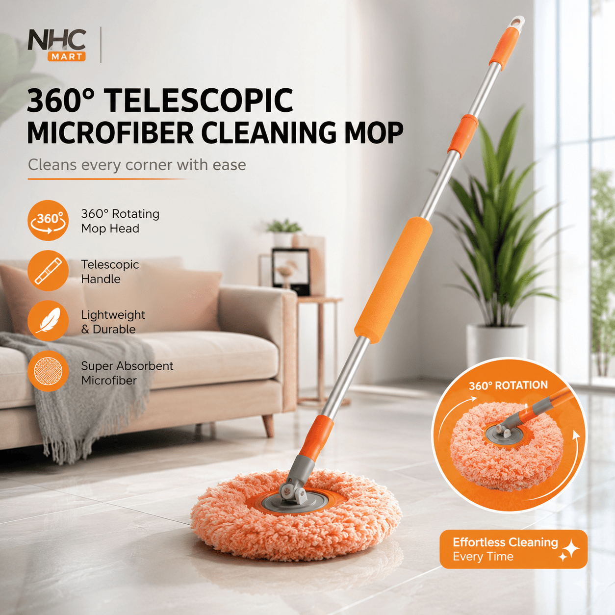 NHC Mart 360-degree telescopic microfiber cleaning mop with an orange and silver handle, shown in a bright living room setting with promotional text and feature callouts.