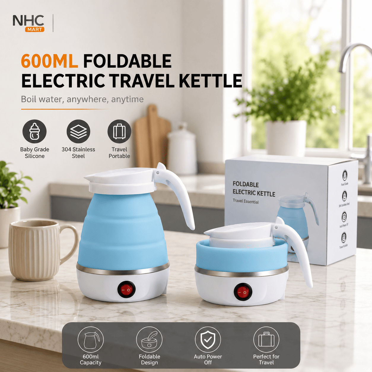 NHC Sport 600ML foldable electric travel kettle shown in a bright kitchen setting, alongside its product box. The kettle features a light blue collapsible silicone body and a white plastic lid and handle, with a silver metallic band around the base and a red power button.
