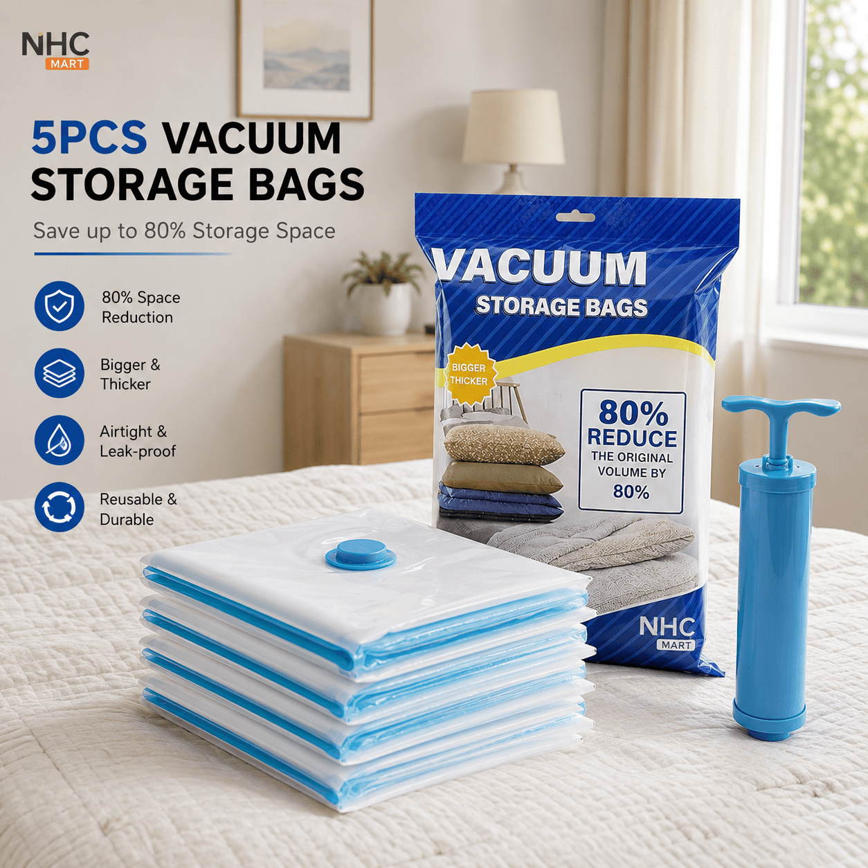 NHC Easy 5-piece vacuum storage bags set displayed on a bed, including a stack of translucent white and blue bags, a blue hand pump, and the blue and yellow product packaging bag, with promotional text on the left.