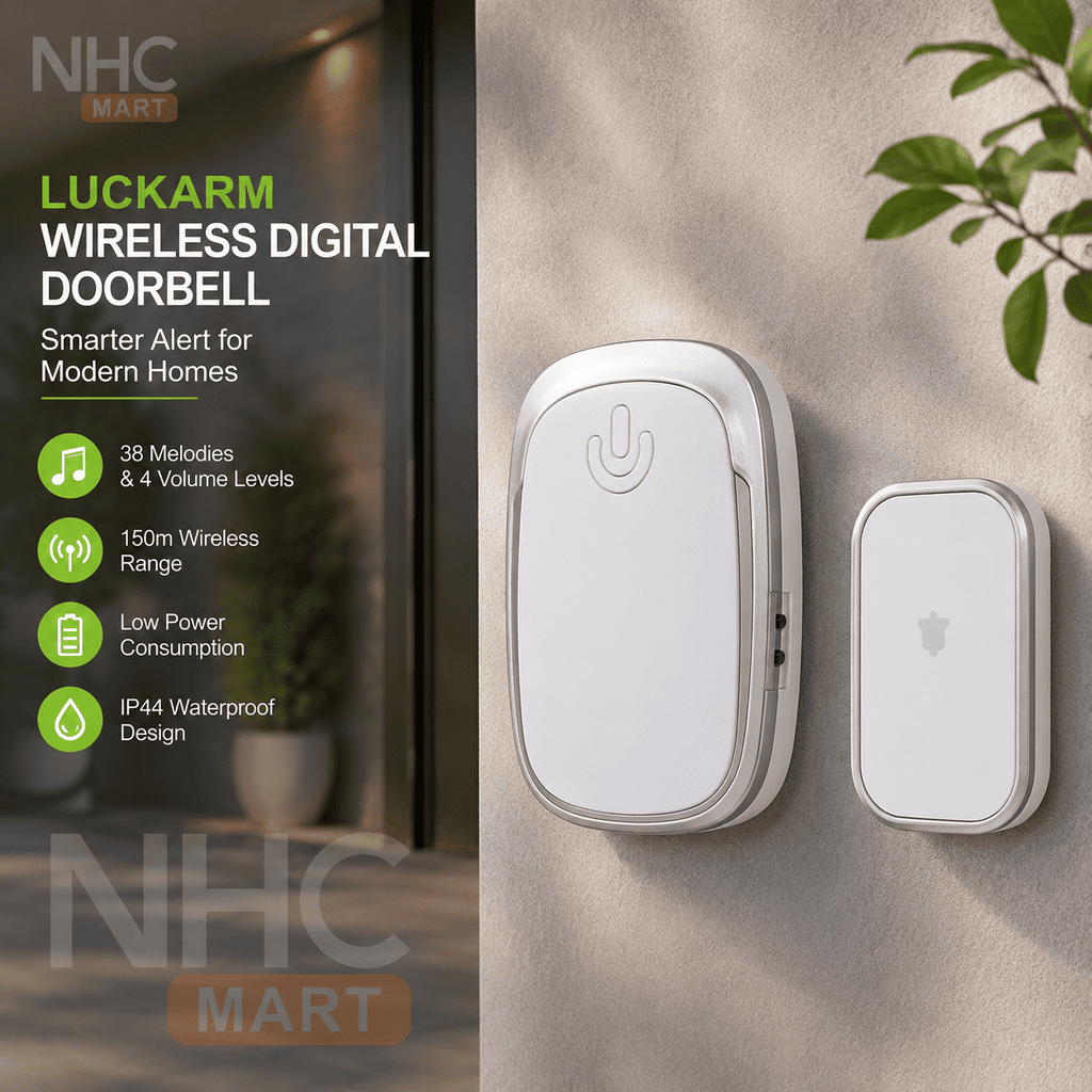NHC Mart Luckarm Wireless Digital Doorbell in white, shown alongside its matching wireless receiver on a textured beige wall with a plant leaf in the corner. The left side features a dark informational panel with product features and specifications.