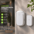NHC Mart Luckarm Wireless Digital Doorbell in white, shown alongside its matching wireless receiver on a textured beige wall with a plant leaf in the corner. The left side features a dark informational panel with product features and specifications.