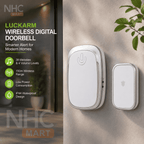 NHC Mart Luckarm Wireless Digital Doorbell in white, shown alongside its matching wireless receiver on a textured beige wall with a plant leaf in the corner. The left side features a dark informational panel with product features and specifications.
