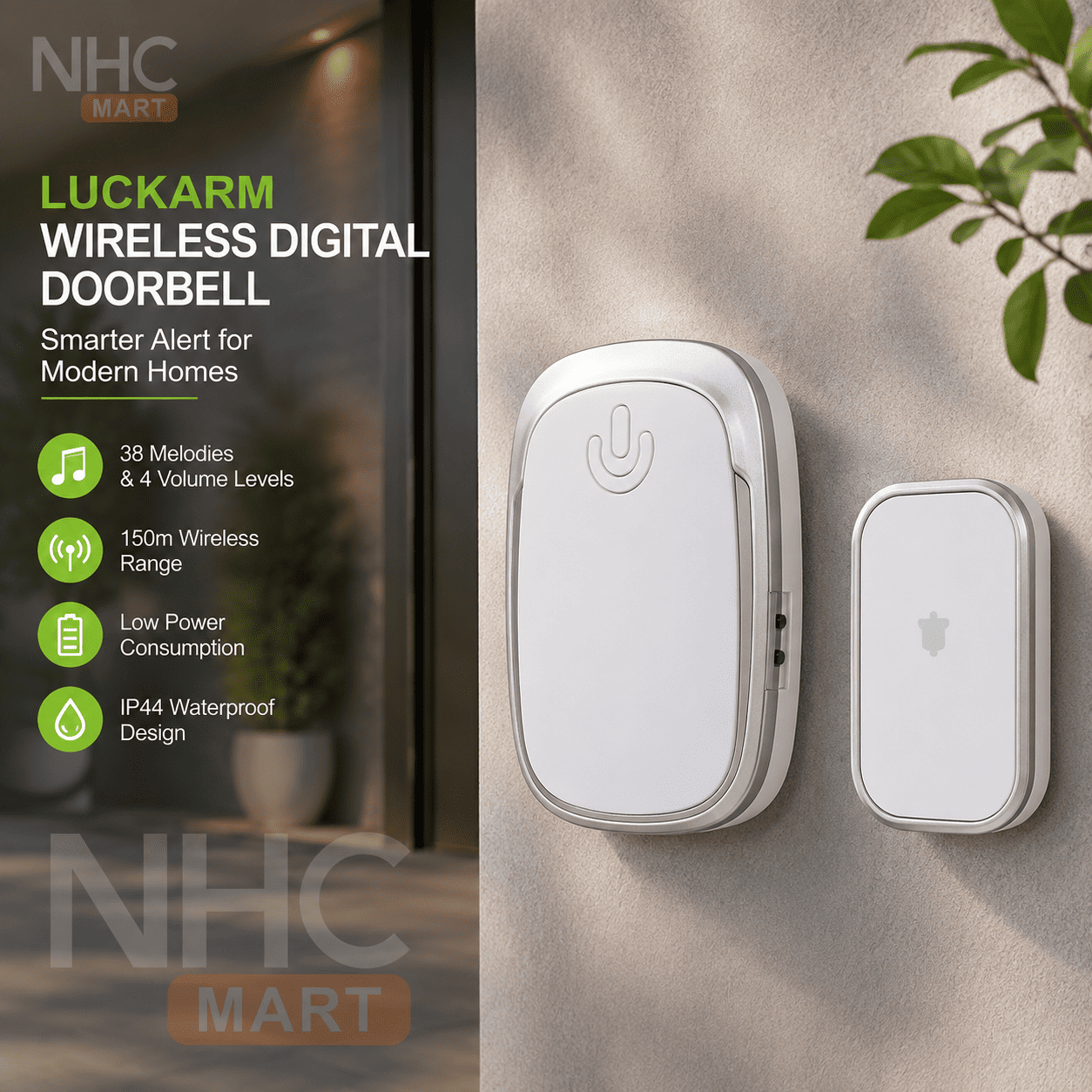 NHC Mart Luckarm Wireless Digital Doorbell in white, shown alongside its matching wireless receiver on a textured beige wall with a plant leaf in the corner. The left side features a dark informational panel with product features and specifications.
