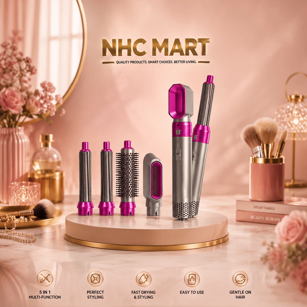 NHC MART 5-in-1 multi-function hair styler set with four attachments, displayed on a round pedestal in a beautifully styled pink vanity setting.