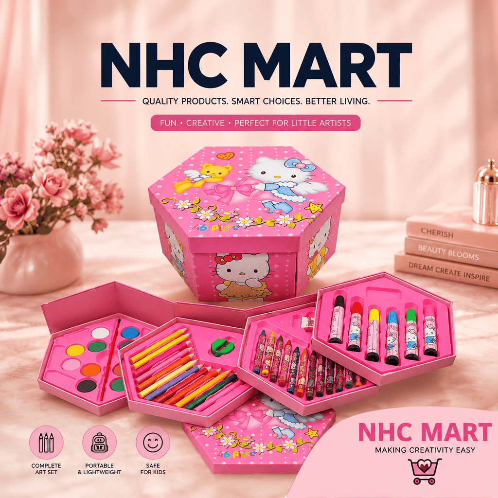 A pink Hello Kitty themed NHC Mart kids' art set displayed open to show its contents, including a paint palette, colored pencils, markers, and crayons, set against a soft pink background with decorative props.