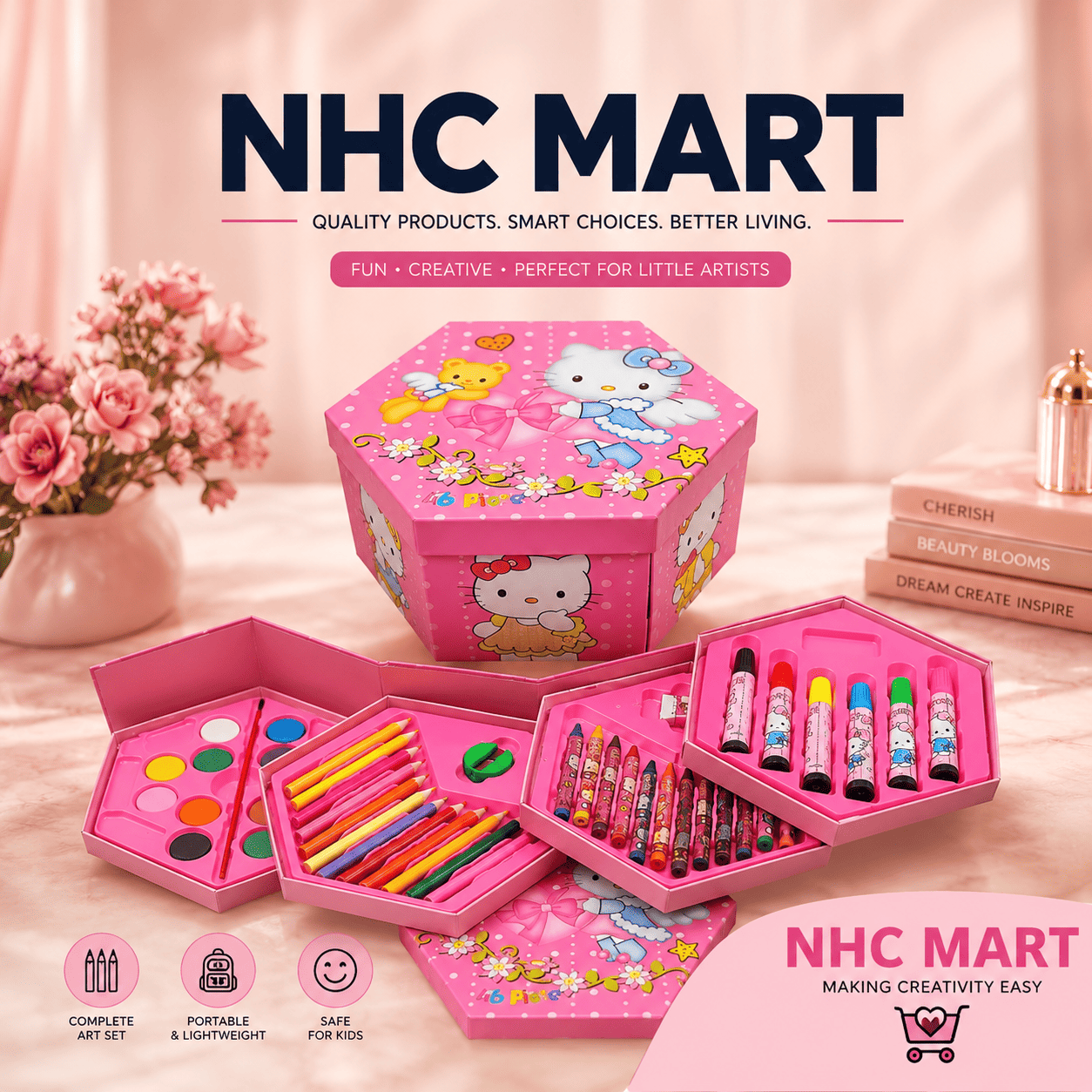 A pink Hello Kitty themed NHC Mart kids' art set displayed open to show its contents, including a paint palette, colored pencils, markers, and crayons, set against a soft pink background with decorative props.
