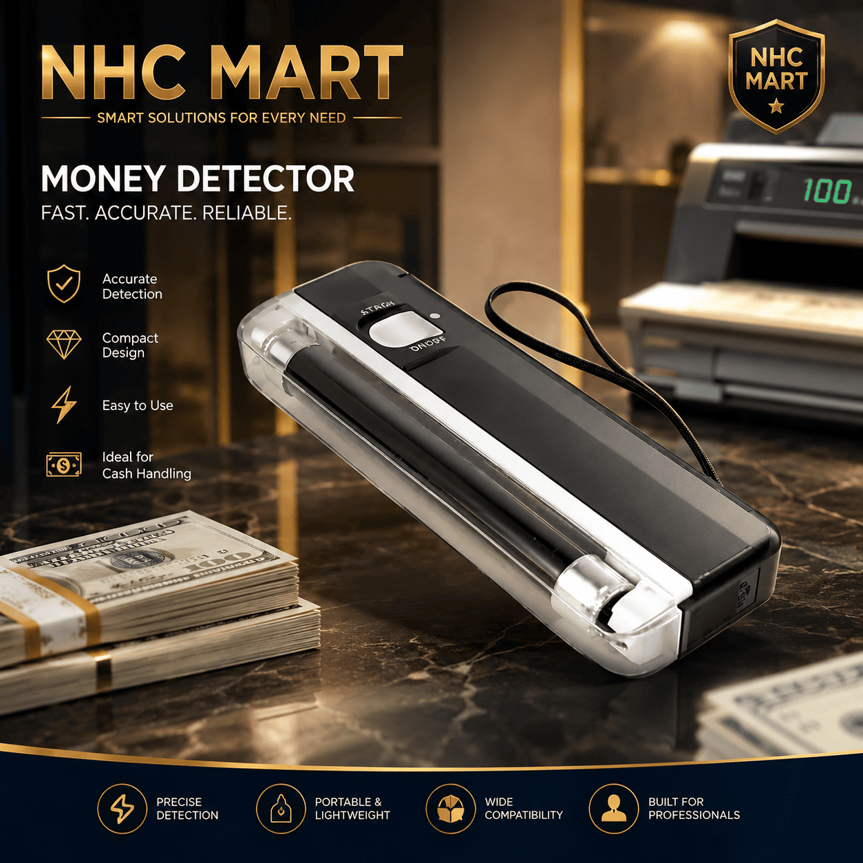 NHC Mart Money Detector cash counter device shown on a marble countertop with stacks of cash and a cash register in the background. The product is black and silver with a clear plastic outer shell and a small display screen.