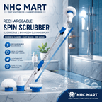 NHC Mart Rechargeable Spin Scrubber electric tile and bathroom cleaning brush shown on a marble countertop with a bathtub in the background. The image includes product features text, three brush head attachments, and the NHC Mart logo at the bottom right.