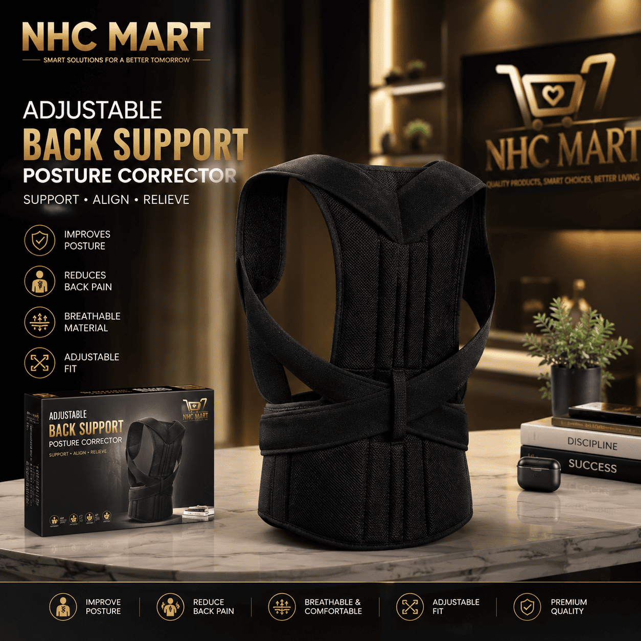 A black posture corrector back support belt shown on a marble tabletop, with its retail box beside it. The scene includes promotional text for NHC MART, decorative books, a small plant, and a blurred interior background.