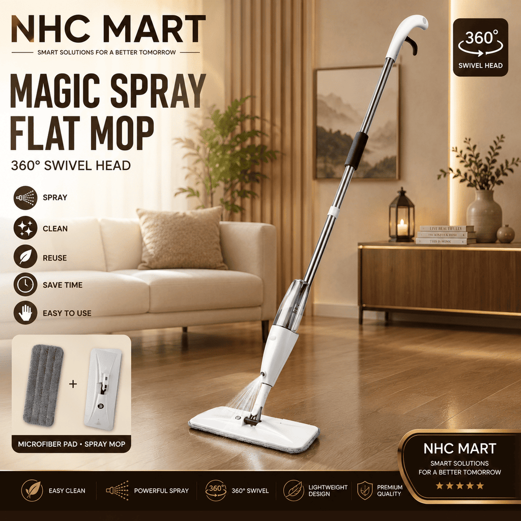 NHC Mart Magic Spray Flat Mop shown in a modern living room setting, featuring a 360-degree swivel head, spray function, and a microfiber pad included in the product display.