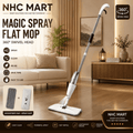 NHC Mart Magic Spray Flat Mop shown in a modern living room setting, featuring a 360-degree swivel head, spray function, and a microfiber pad included in the product display.