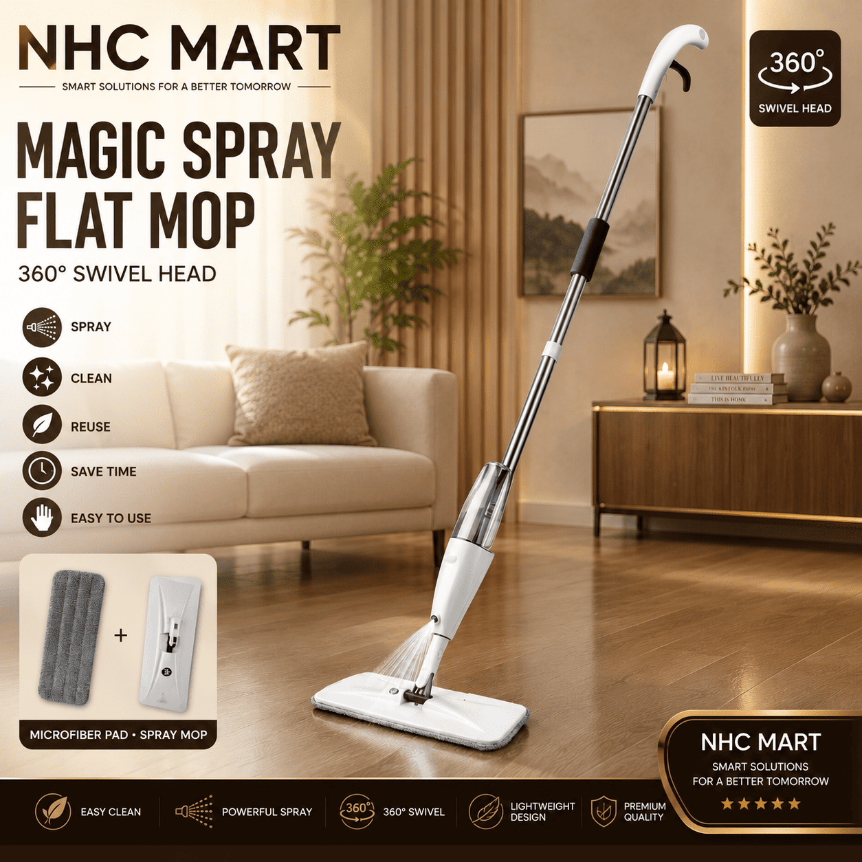 NHC Mart Magic Spray Flat Mop shown in a modern living room setting, featuring a 360-degree swivel head, spray function, and a microfiber pad included in the product display.