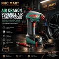 NHC Mart Air Dragon portable air compressor shown in a garage setting with a tire in the background. The product is a digital tire inflator with a green and black body, red accents, and accessories including a hose, air needle, and screwdriver.