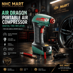 NHC Mart Air Dragon portable air compressor shown in a garage setting with a tire in the background. The product is a digital tire inflator with a green and black body, red accents, and accessories including a hose, air needle, and screwdriver.