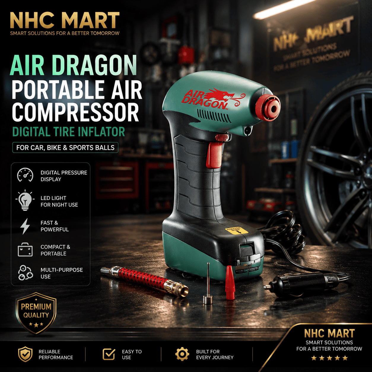 NHC Mart Air Dragon portable air compressor shown in a garage setting with a tire in the background. The product is a digital tire inflator with a green and black body, red accents, and accessories including a hose, air needle, and screwdriver.