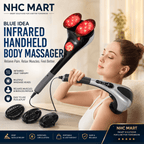 A woman holds an NHC Mart blue LED infrared handheld body massager with multiple massage heads, shown in a lifestyle setting with promotional text and product details.