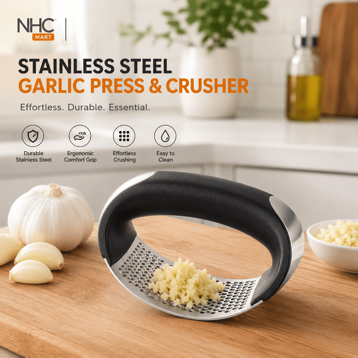 NHC Marks stainless steel garlic press and crusher shown on a wooden cutting board with garlic cloves, a garlic bulb, and minced garlic in a kitchen setting. The product has a black ergonomic grip and a silver stainless steel crumb tray.