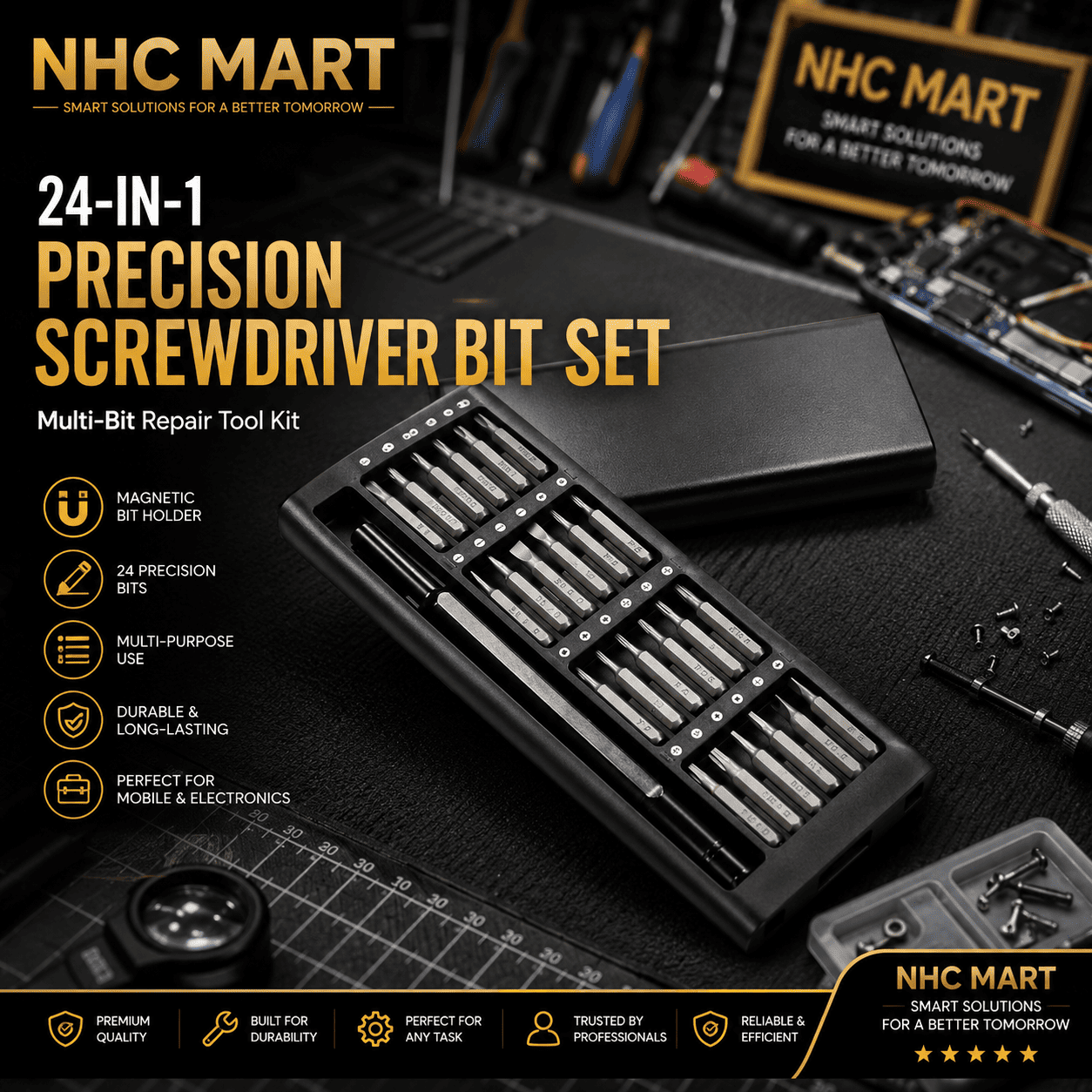 NHC Mart 24-in-1 Precision Screwdriver Bit Set shown in a black magnetic bit holder tray on a dark workbench with tools and accessories. The image includes promotional text and feature icons highlighting the product's capabilities.