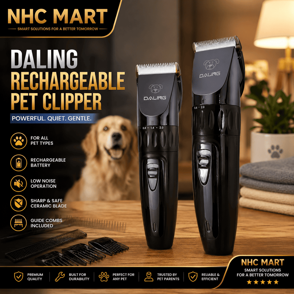 Two black Daling rechargeable pet clipper devices displayed on a wooden table in a warmly lit indoor setting, with a dog blurred in the background and promotional text and icons on the left.
