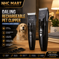 Two black Daling rechargeable pet clipper devices displayed on a wooden table in a warmly lit indoor setting, with a dog blurred in the background and promotional text and icons on the left.