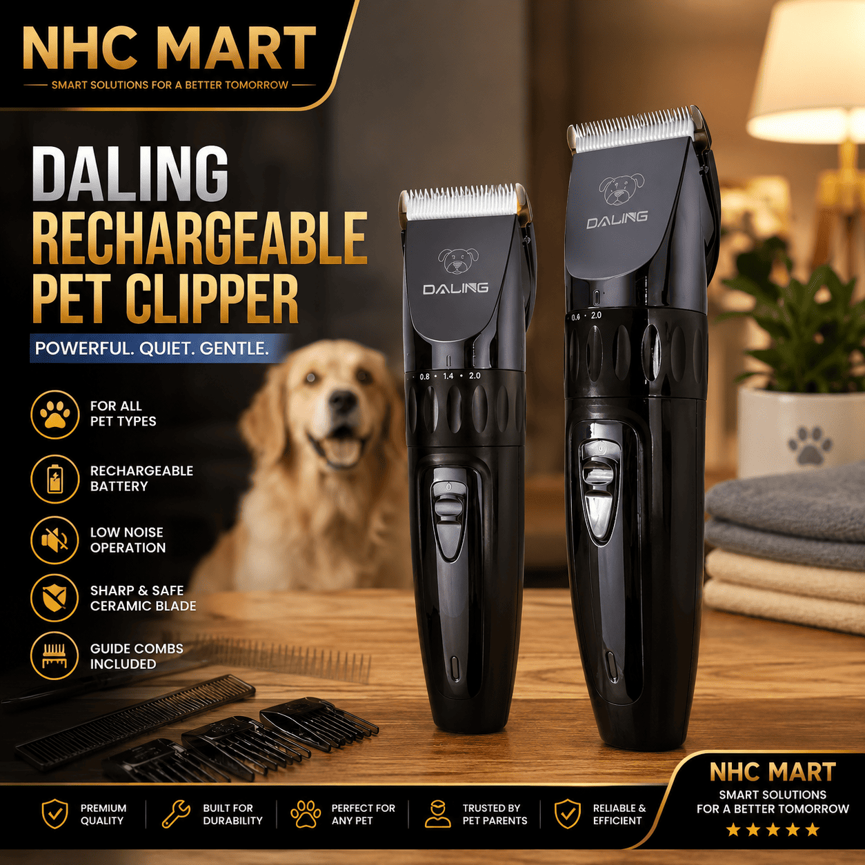 Two black Daling rechargeable pet clipper devices displayed on a wooden table in a warmly lit indoor setting, with a dog blurred in the background and promotional text and icons on the left.