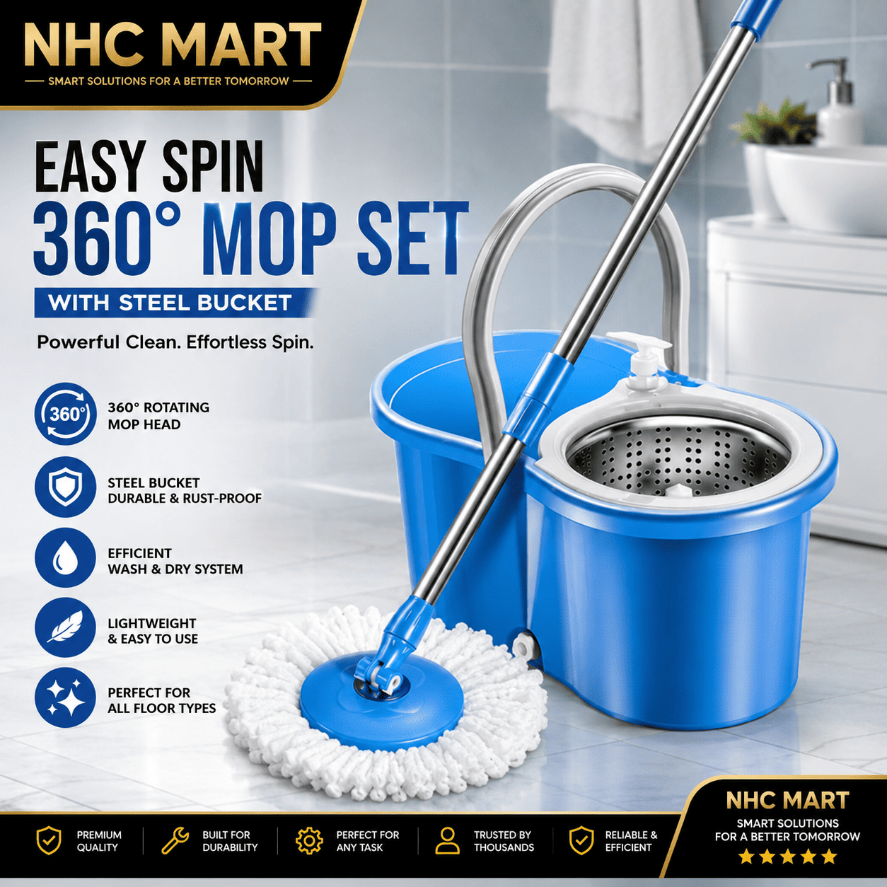 NHC Mart 360-degree spin mop set with a blue bucket, silver metal handle, and white microfiber mop head, shown with promotional text and bathroom background.