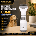 A white and gray Katyson electric pet grooming comb is shown on a wooden table next to a golden retriever, with promotional text and icons for NHC Mart on a dark background.