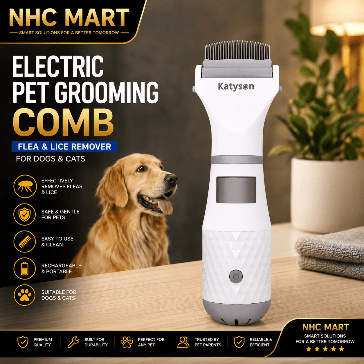 A white and gray Katyson electric pet grooming comb is shown on a wooden table next to a golden retriever, with promotional text and icons for NHC Mart on a dark background.
